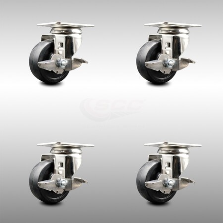 Service Caster 3 Inch 316SS Hard Rubber Wheel Swivel Top Plate Caster Set with Brake SCC SCC-SS31620S314-HRS-TLB-4